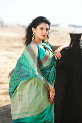 'Shabnam' Green Pure Resham Cotton Alfi Booti Tilfi Border Banarasi Handloom Saree